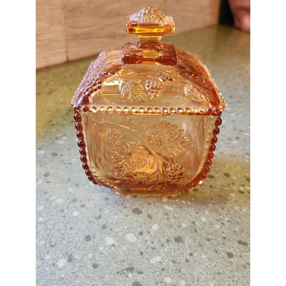 VTG Westmoreland Beaded Grape Box Amber Candy Dish, READ DESCRIPTION